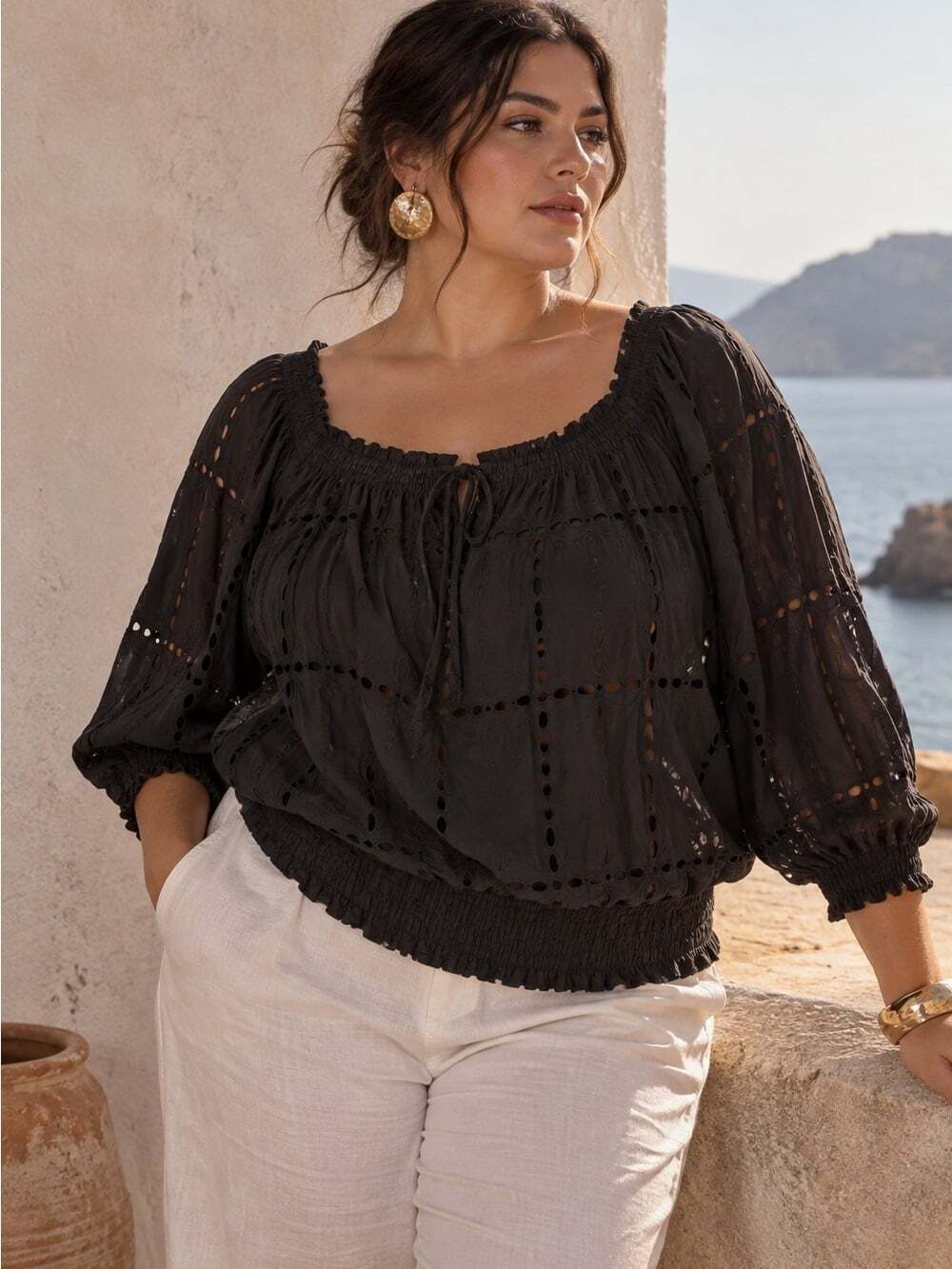 INC Black Eyelet Romantic Peasant Smocked Hem Boho Cottagecore Top 22W